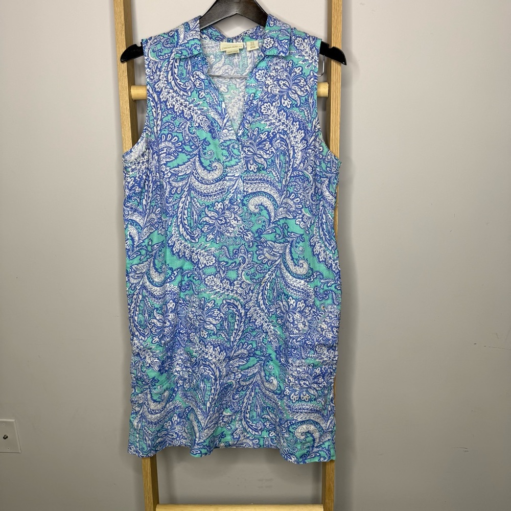 Cynthia Rowley 100% Linen Blue, Teal & White Paisley Sleeveless Dress sz 10
